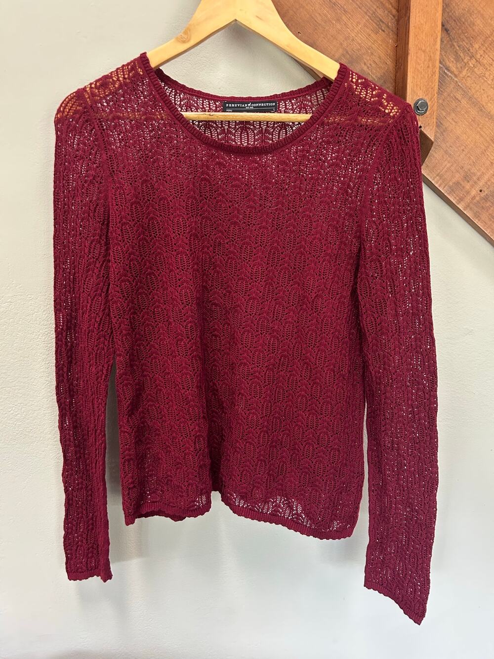 Peruvian Connection Burgundy OpenKnit semi sheer Lacey Stitch luxury minimalist